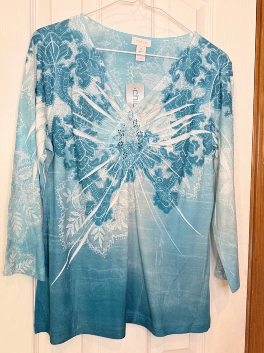 Chico's Sea Lace Darlia 3/4 sleeve top, aqua blue, size M (Chico's 1) - NWT!!